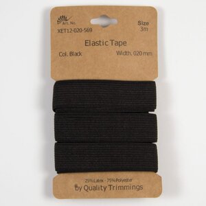 Kaart elastiek   Zwart - 20 mm - 3 meter